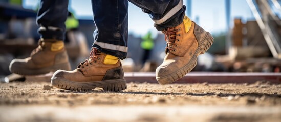 Boots safety worker at construction site - obrazy, fototapety, plakaty