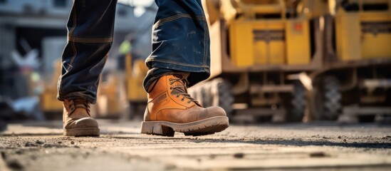 Boots safety worker at construction site - obrazy, fototapety, plakaty
