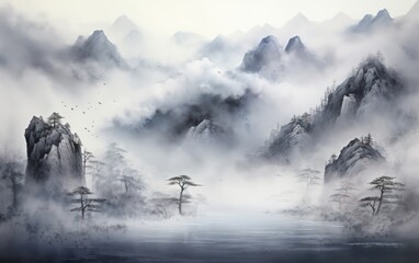 misty hill a fluffy cloud chinese painting illustration - obrazy, fototapety, plakaty
