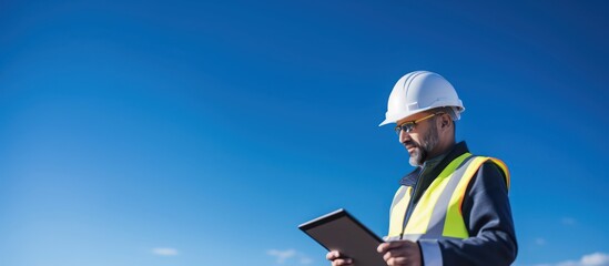 engineer wearing helmet and safety cloth using a digital tablet