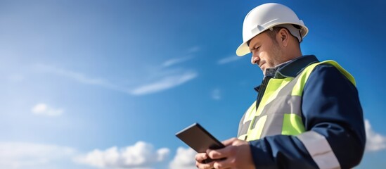 engineer wearing helmet and safety cloth using a digital tablet