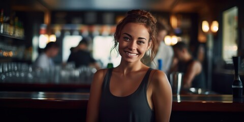 With a bright and cheerful outlook, female bartenders stand confidently. - obrazy, fototapety, plakaty