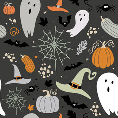 Seamless Halloween Pattern with Spiders, Bats, and Pumpkins
