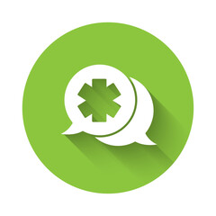 White Dialogue with the doctor icon isolated with long shadow. Doctor and patient dialog. Consulting about medical health services. Green circle button. Vector