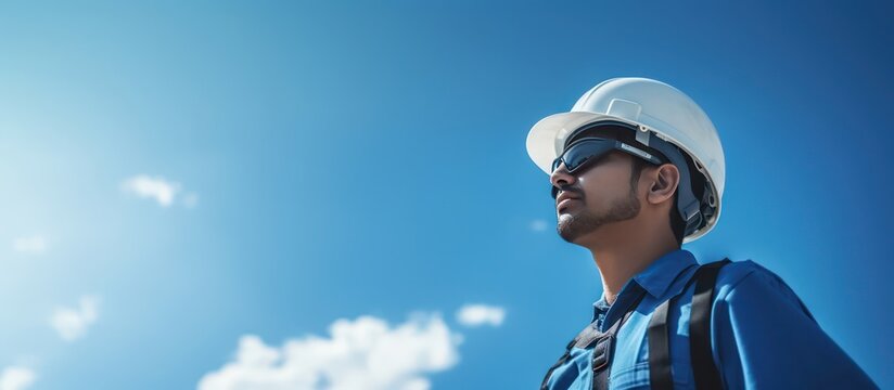 engineer with helmet and safety cloth stands against blue sky
