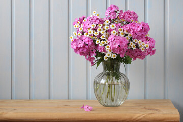 still life with a bouquet of phlox and white daisies in a glass vase.