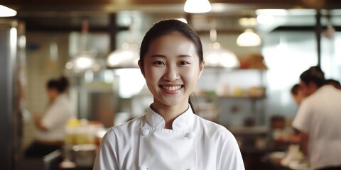 A radiant Asian female chef's smile conveys his enthusiasm