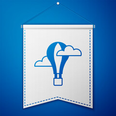 Blue Hot air balloon icon isolated on blue background. Air transport for travel. White pennant template. Vector
