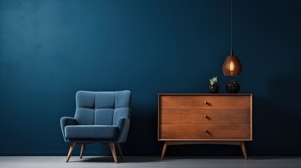A living room interior featuring a commode paired with a chair and decorative elements, set against a backdrop of a dark blue wall as a mock-up background. This scene has been rendered in 3D.