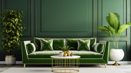 An opulent living room within a modern interior-designed house, featuring a sumptuous green velvet sofa, a stylish coffee table, an elegant pouf, ornate gold decor, a thriving plant, ambient lighting 