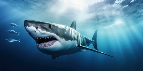 Intimidating Great White Shark in the Ocean - obrazy, fototapety, plakaty