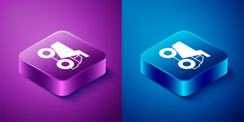 Isometric Mining dump truck icon isolated on blue and purple background. Square button. Vector