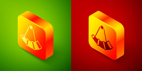 Isometric Hunting horn icon isolated on green and red background. Square button. Vector