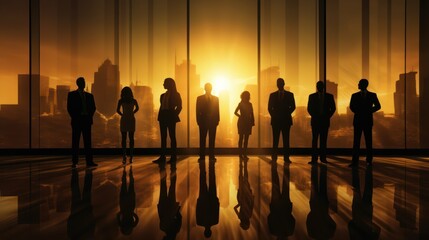 Silhouetted Office Scene at Dawn with Business Group