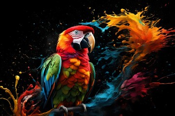 red and yellow macaw, Creative Idea splash of color becoming a parrot on black background
