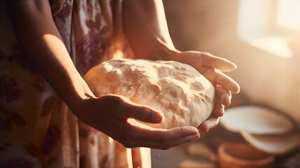 Close up of an asian indian woman's hands preparing dough to make bread in a home kitchen 