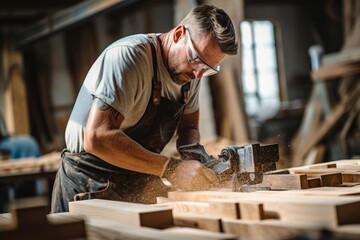 Portrait of a carpenter working with wood in a workshop. Caucasian man employee in the carpentry factory. Strong man busy in an industrial workshop on a sunny summer day. . - obrazy, fototapety, plakaty