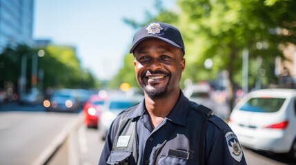 Portrait of a smiling African policeman standing on the street. A happy male police officer patrolling the street on a bright summer day. Young African Man in a police uniform outdoors.