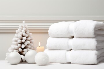 Fototapeta na wymiar A stack of white towels sitting next to a christmas tree. AI image.