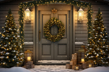 Beautiful stylish Christmas decorated porch, snowing