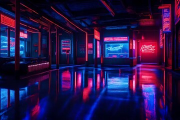 spotlight on stage with spotlight, dark and deserted night scene, where the wet asphalt reflects the radiant glow of red and blue neon lights
