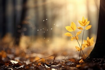 Fallen yellow leaves in the forest with bokeh effect and sunlight. Generative Ai