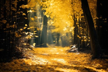 Beautiful autumn forest with sunbeams and fallen yellow leaves. High quality photo. Generative Ai