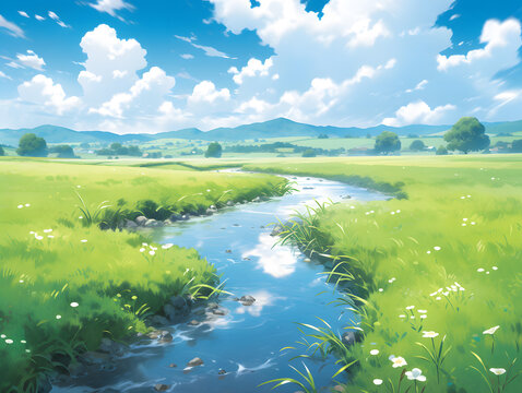 Beautiful summer landscape with river and blue sky, anime background