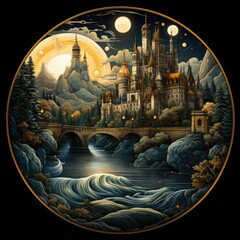 A painting of a castle in the middle of a river. AI image.