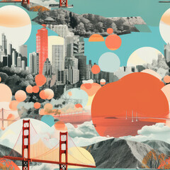 San Francisco golden gate bridge cartoon collage repeat pattern - obrazy, fototapety, plakaty
