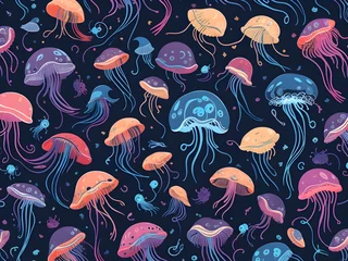Papier Peint photo Vie marine Colorful jellyfish on blue background, seamless pattern, illustration, top view.