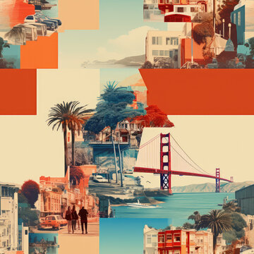 San Francisco golden gate bridge cartoon collage repeat pattern