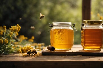 Handmade honey jar, with bees. - obrazy, fototapety, plakaty
