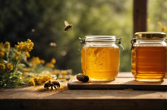 Handmade honey jar, with bees.