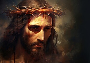 Portrait Jesus Christ crown  of thorns banner original abstract art with space for copy text, easter and good friday,  Generative AI 
