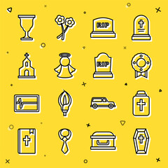 Set line Coffin with cross, Funeral urn, Memorial wreath, Tombstone RIP written, Angel, Church building, Christian chalice and icon. Vector