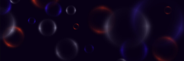 Abstract background with neon bubbles, iridescent colorful glass balls or spheres on a black background.