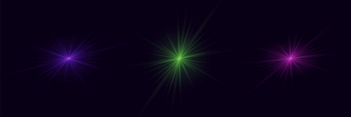 Various lighting effects. Elements of light with glare. On a dark background.