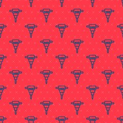 Blue line Construction jackhammer icon isolated seamless pattern on red background. Vector