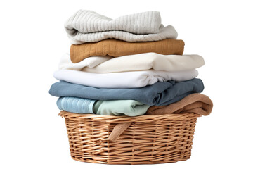 Stack of clean clothes and Wicker basket with clean laundry isolated on a white background PNG - obrazy, fototapety, plakaty