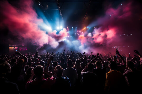 A vibrant image of a music festival scene with colorful lights, cheering crowds, and musicians on stage, capturing the excitement and energy of celebrating International Music Day