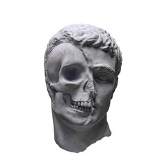 Abstract illustration from 3D rendering illustration of half skull white marble male head classical sculpture isolated on black background.
