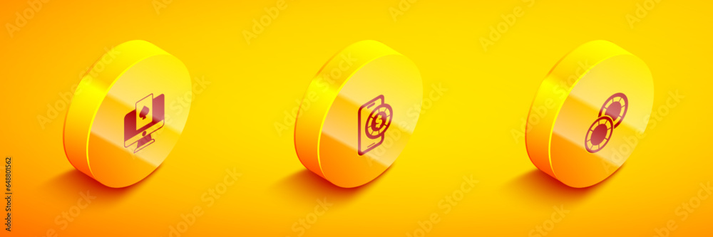 Poster set isometric online poker table game, and casino chips icon. vector