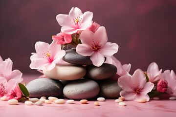 Obraz na płótnie Canvas Lily and Spa Stones Adorn this Tranquil Scene. A Stack of Spa Massage Stones Nestled Amidst Pink Flowers, Set Against a Blissful Defocused Wellness Background with Ample Copy Space
