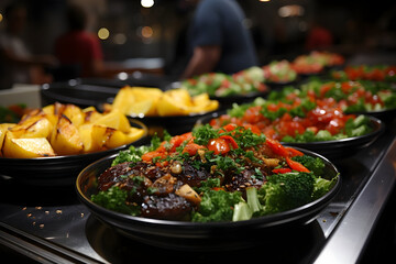 An Indoor Restaurant Buffet Display Featuring an Array of Delectable Dishes, Including Vibrant...