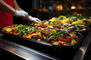 An Indoor Restaurant Buffet Display Featuring an Array of Delectable Dishes, Including Vibrant...