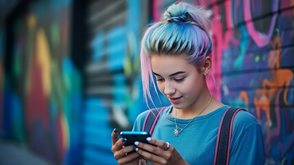 hipster teen girl with mobile phone with graffiti background