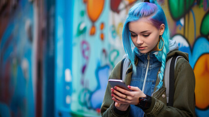 hipster teen girl with mobile phone with graffiti background