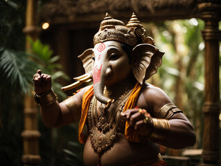 Hindu God Ganesha on blurred bokeh background. Ganesha Idol.