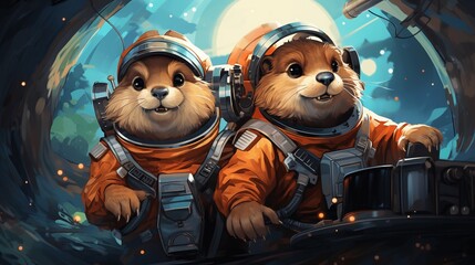 Illustration of two cartoon rodent astronauts in orange spacesuits in a space shuttle. - Powered by Adobe